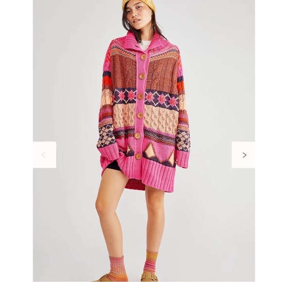 Free People Argyl smile cardigan sweater pink punch combo heavyweight small - Picture 2 of 10